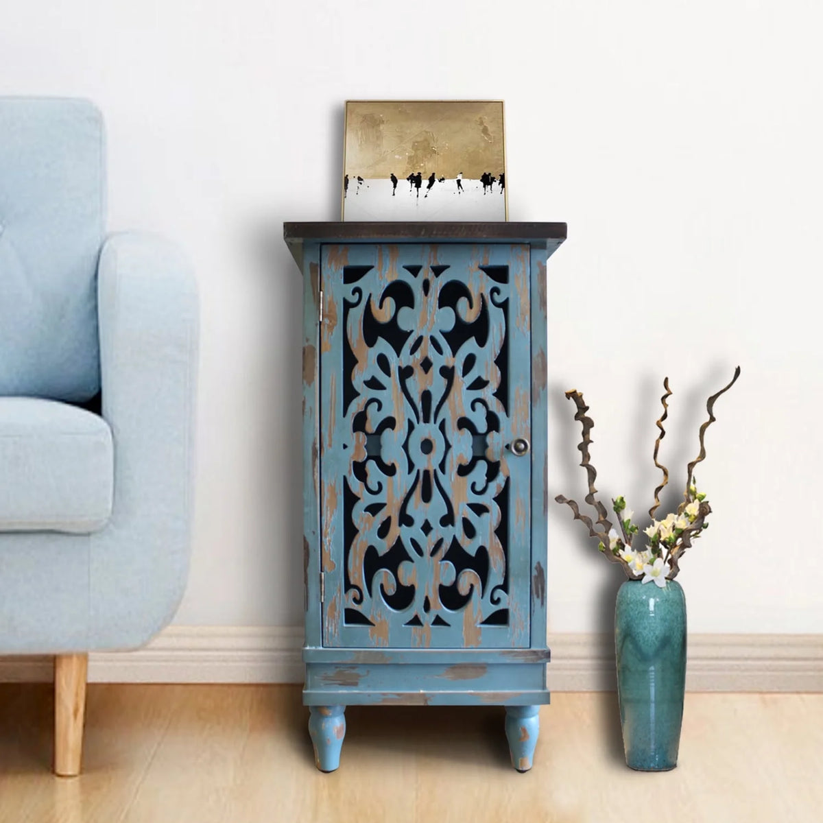 Teal Wooden End Table with Carved Legs O599650