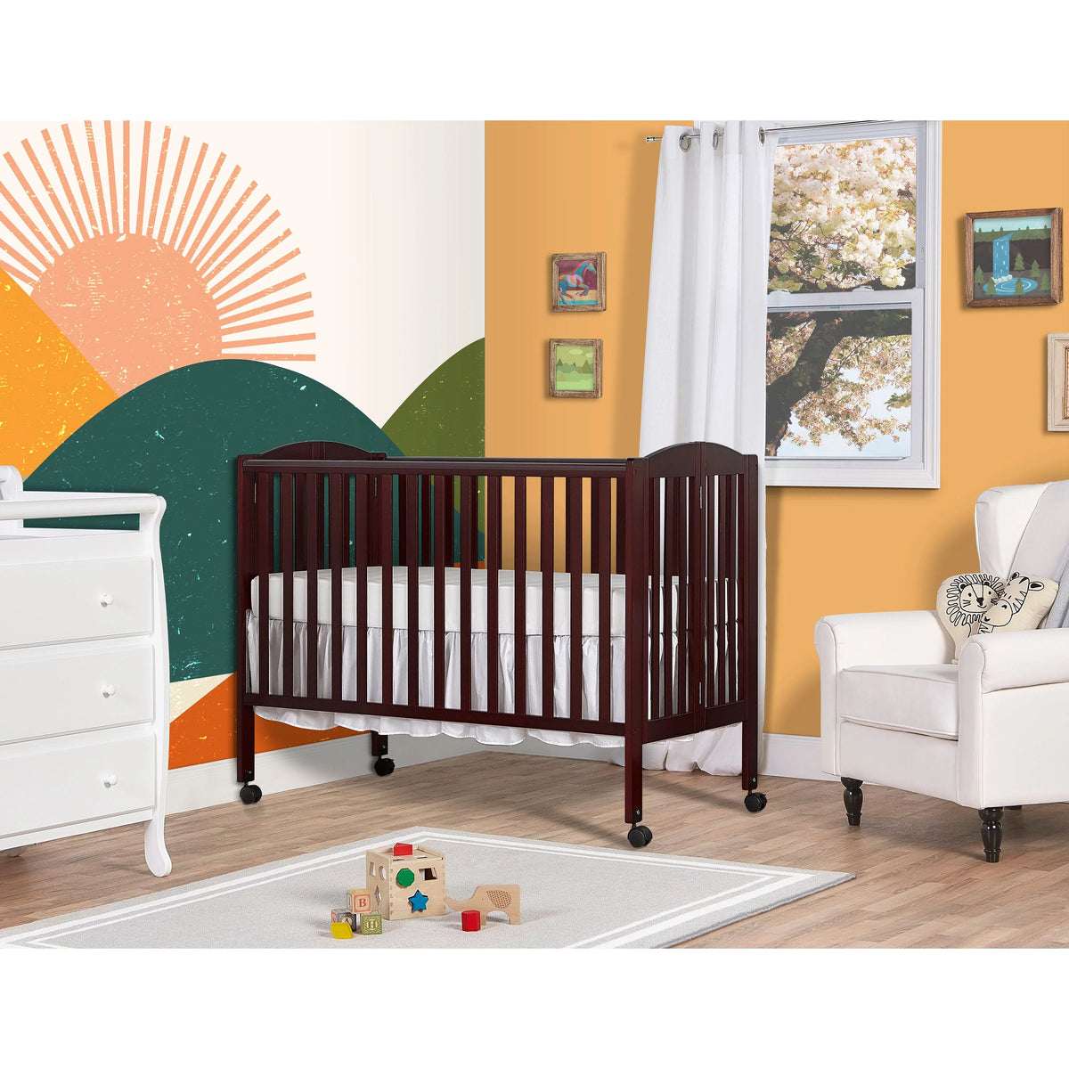 Full Size 2-in-1 Folding Stationary Side Crib with Locking Wheels, Espresso J2633