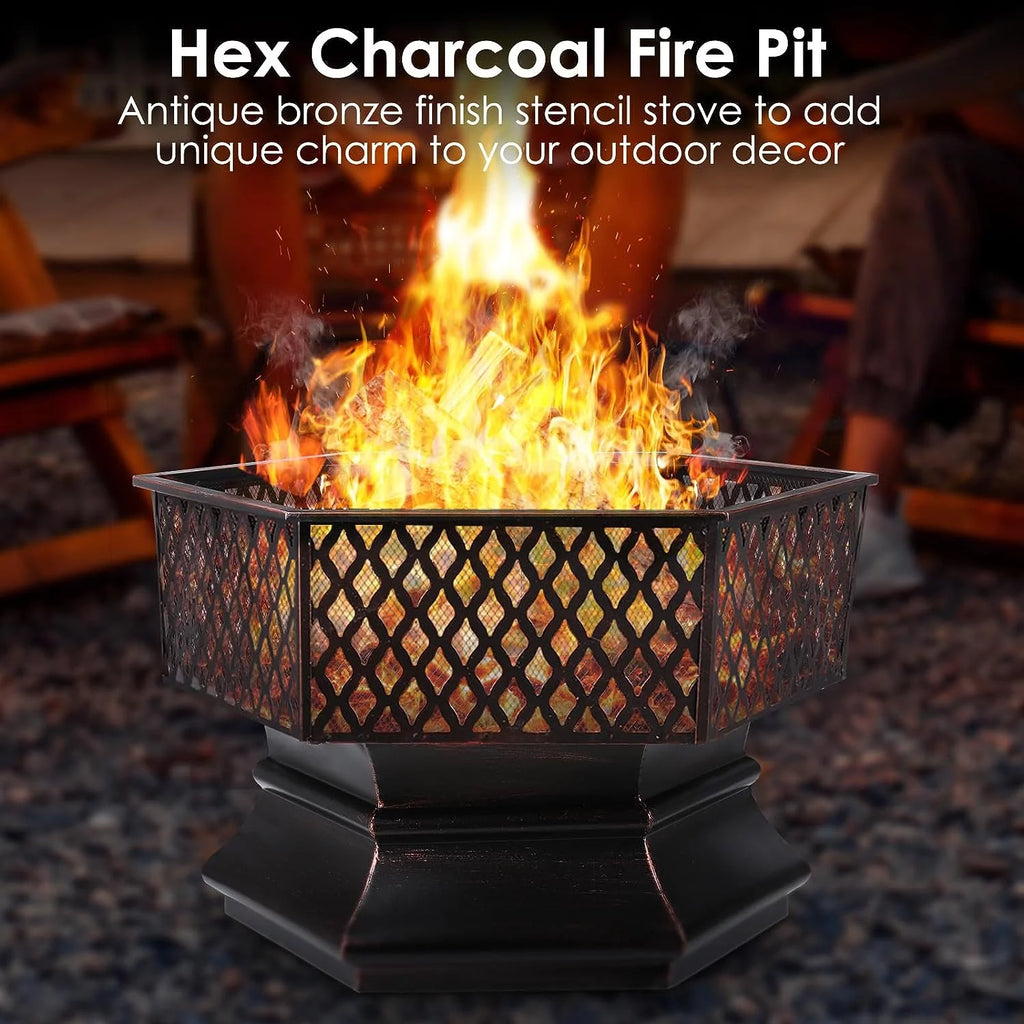 28'' Hex Shaped Steel Wood Burning Fire Pit with Spark Screen & Fire Poker L63982