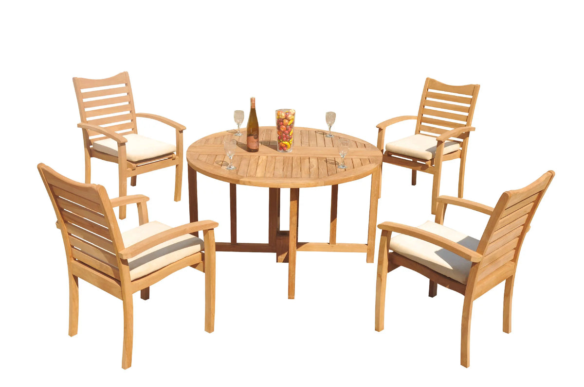 Grade-A Teak 5 Pc Dining Set with 48" Round Butterfly Table and 4 Stacking Arm Chairs U926