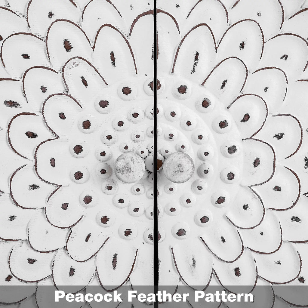 2-Door Retro Storage Cabinet with Carved Finch Feather Pattern White A99397