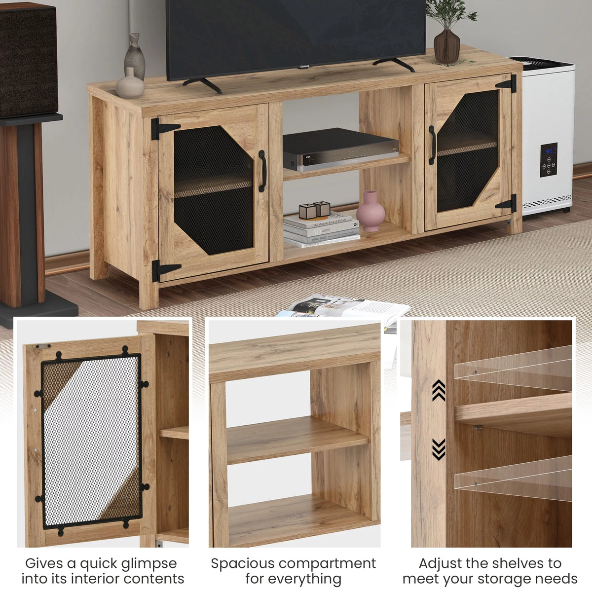 Natural Wood TV Stand with 2 Door Cabinet M561