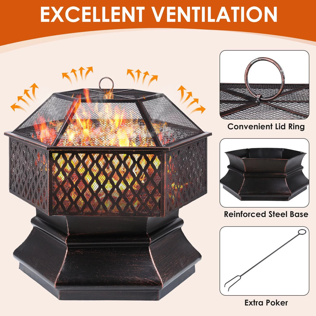 28'' Hex Shaped Steel Wood Burning Fire Pit with Spark Screen & Fire Poker L63982