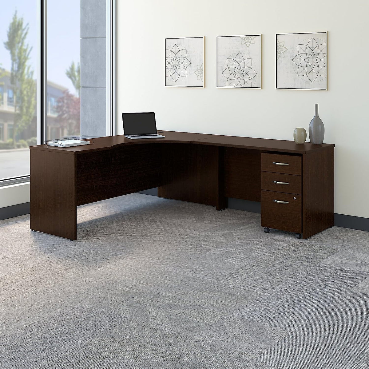 72W Corner Desk with 48W Return and Mobile File Cabinet in Mocha Cherry O84238