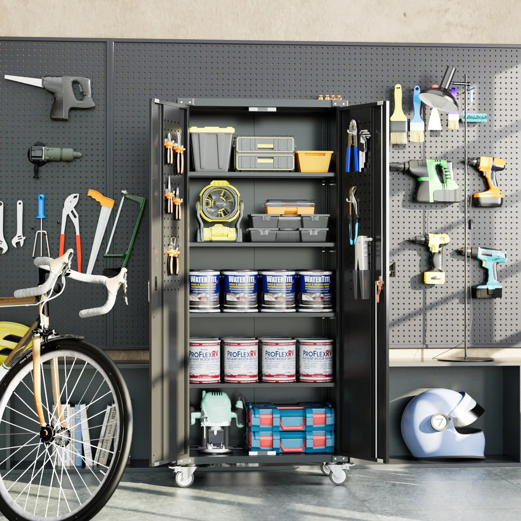 Black Metal Storage Cabinet with Wheels and Pegboard I127