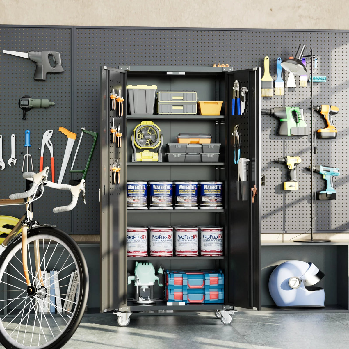 Black Metal Storage Cabinet with Wheels and Pegboard I127
