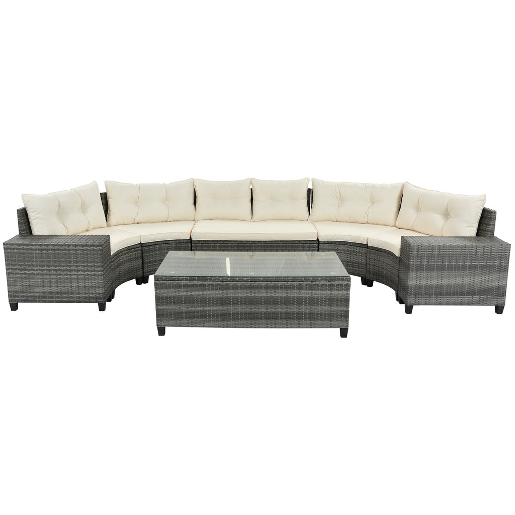 8 Pieces Beige Wicker Sofa Set with Glass Coffee Table Y387