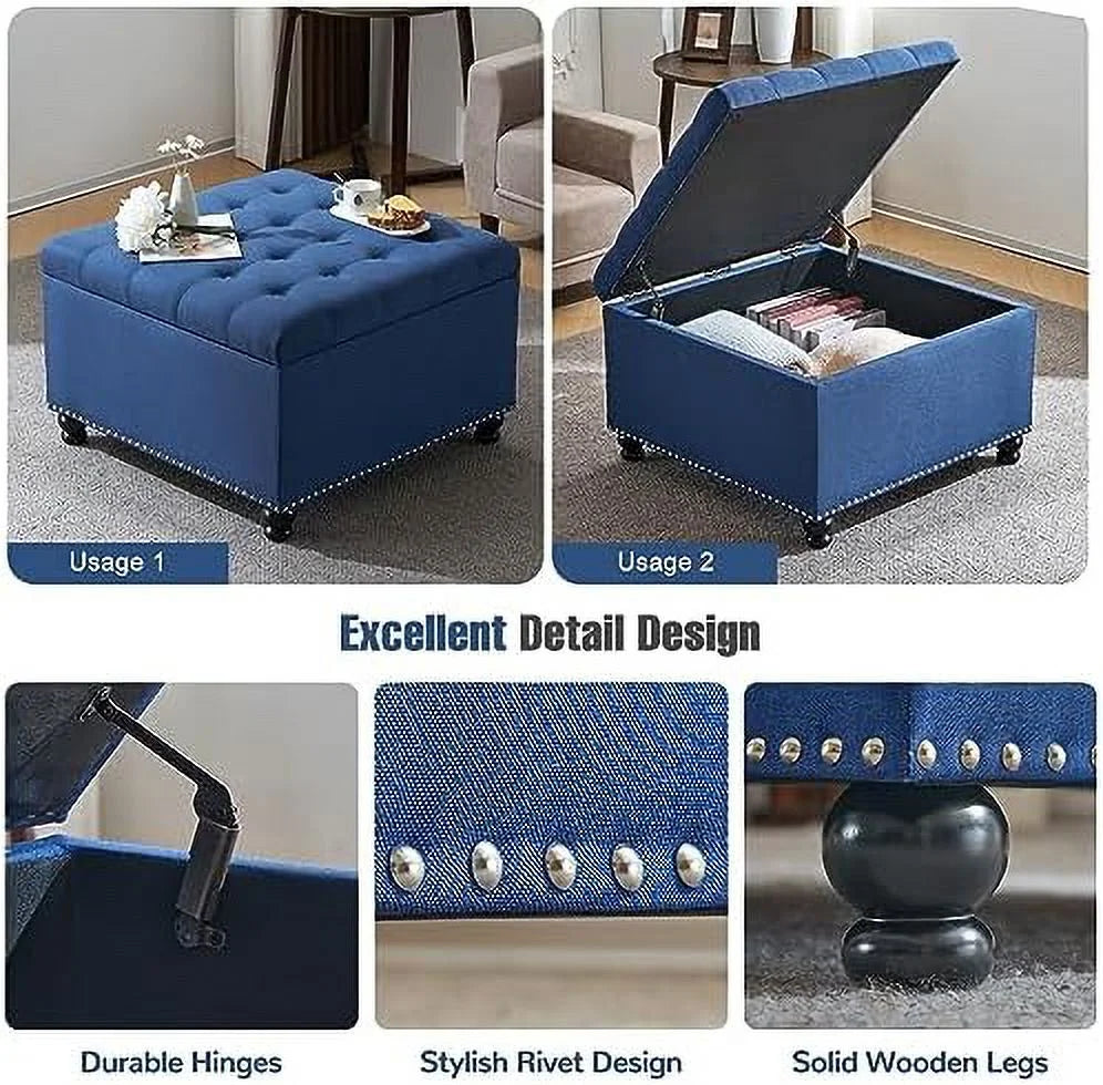 Oversized Linen Ottoman with Wooden Legs A3401