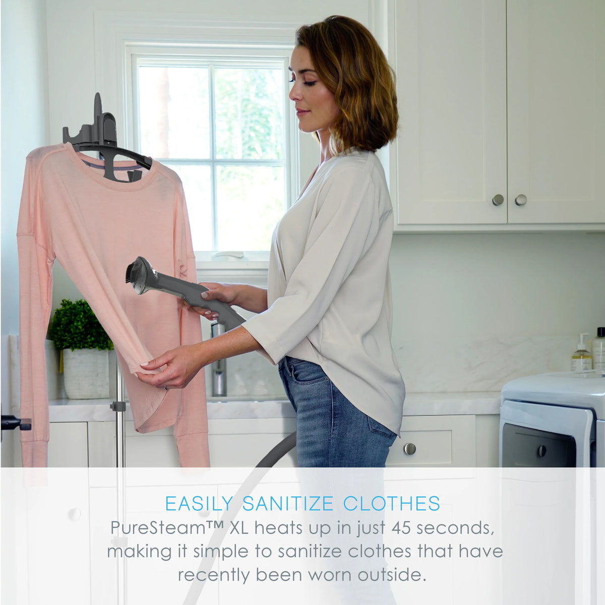 Standing Steamer with Garment Hanger, Fabric Brush and Easy-roll Wheels P854144