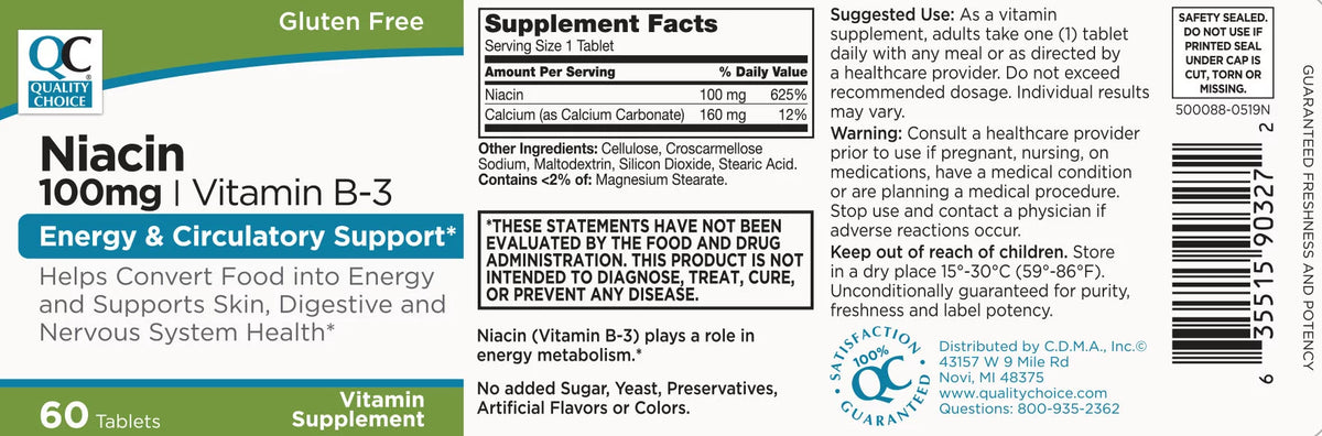 Niacin 100mg Vitamin B-3 Tablets, 60 Count Y6164