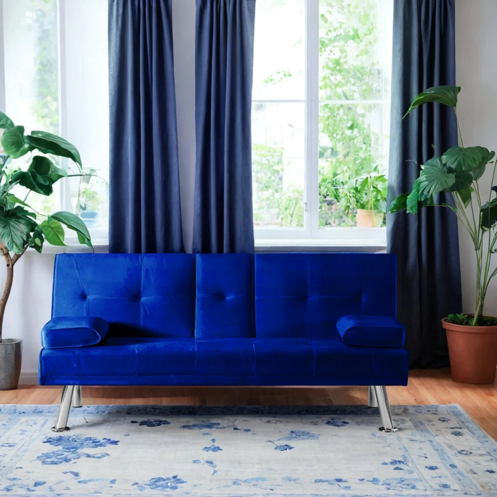 Blue Velvet Convertible Futon Sofa Bed with 2 Cup Holders R6527