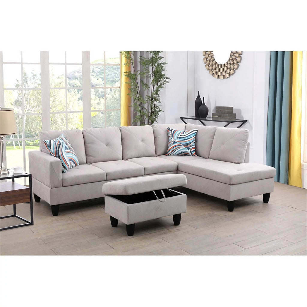 Gray L Shaped Microfiber Couch with Storage Ottoman A814
