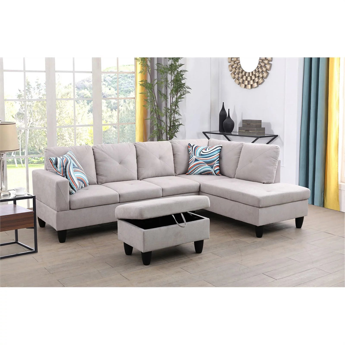 Gray L Shaped Microfiber Couch with Storage Ottoman A814