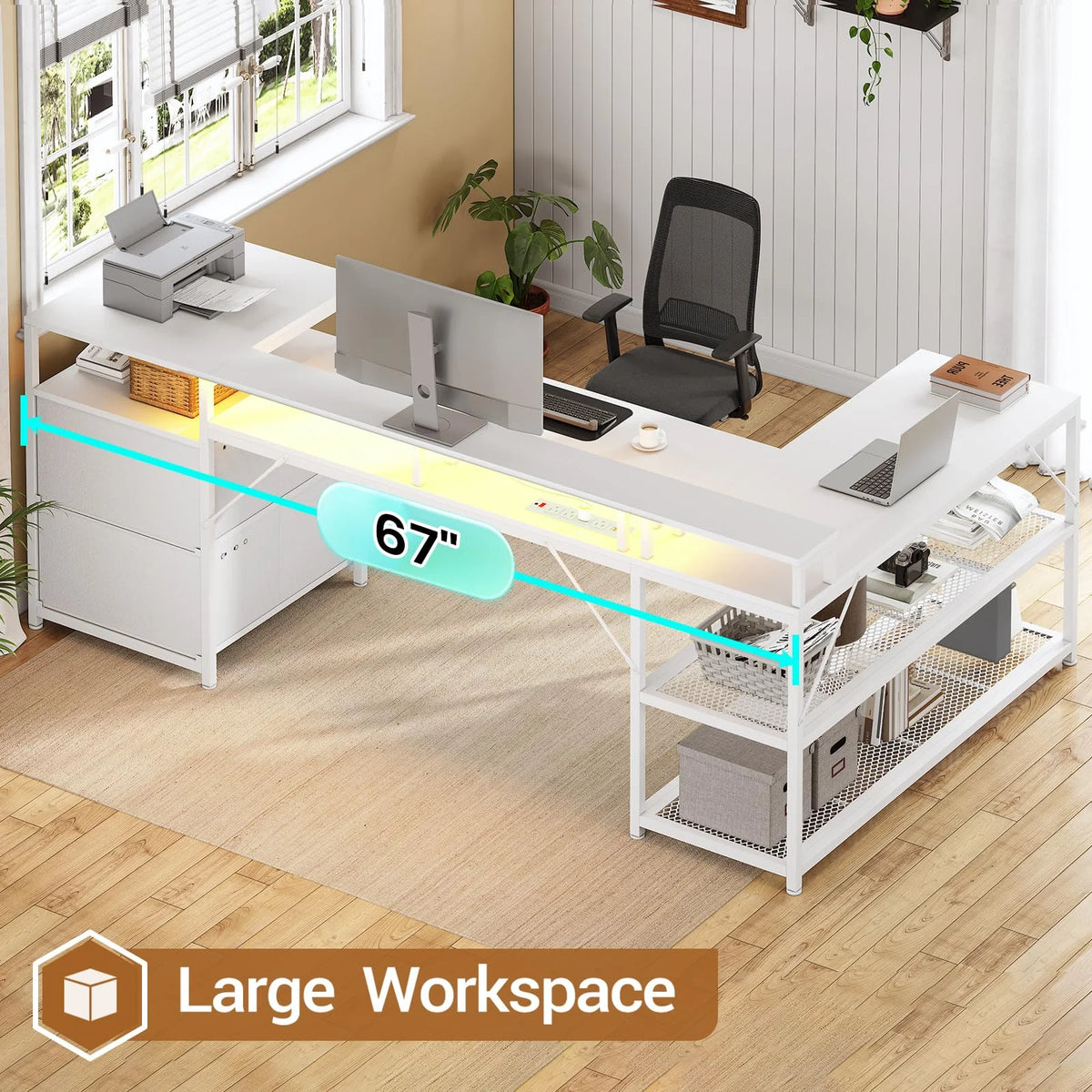L Shaped Desk with Power Outlet and 2 Drawers, White J113