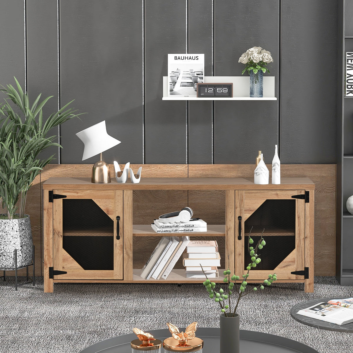 Natural Wood TV Stand with 2 Door Cabinet M561