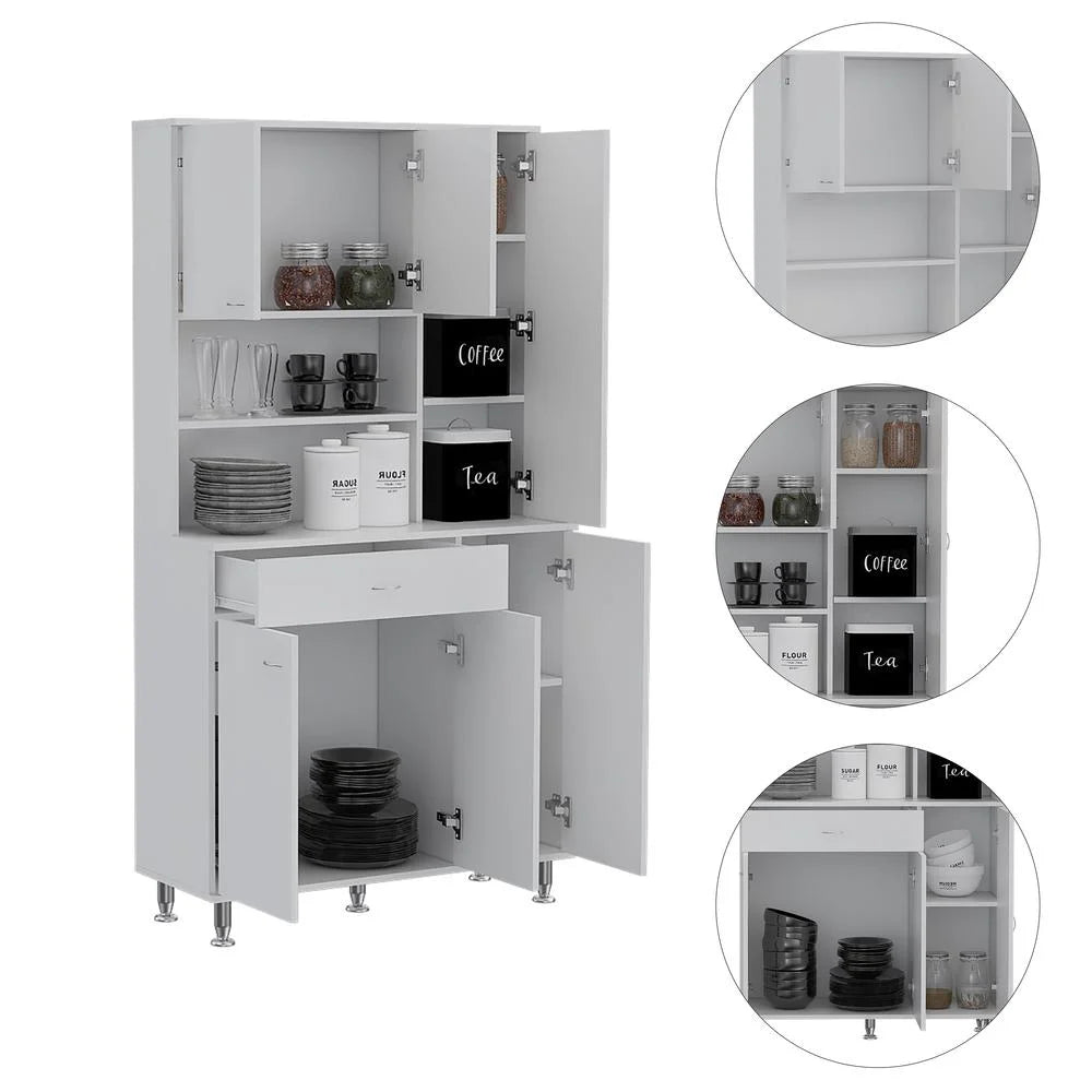 White Engineered Wood Pantry Cabinet with Six Doors W337851