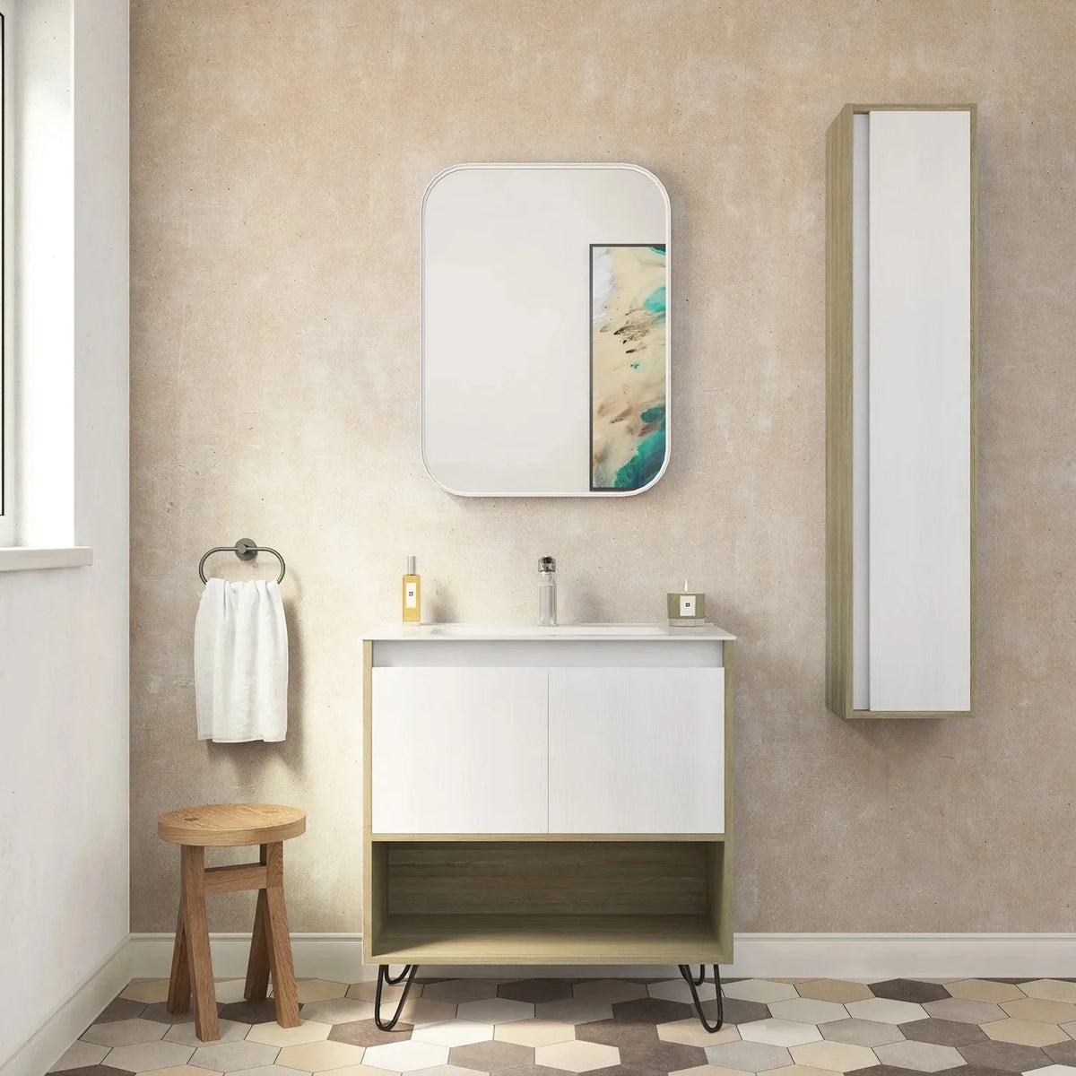 Column Cabinet White Door Toasted Oak Wood Finish V342565