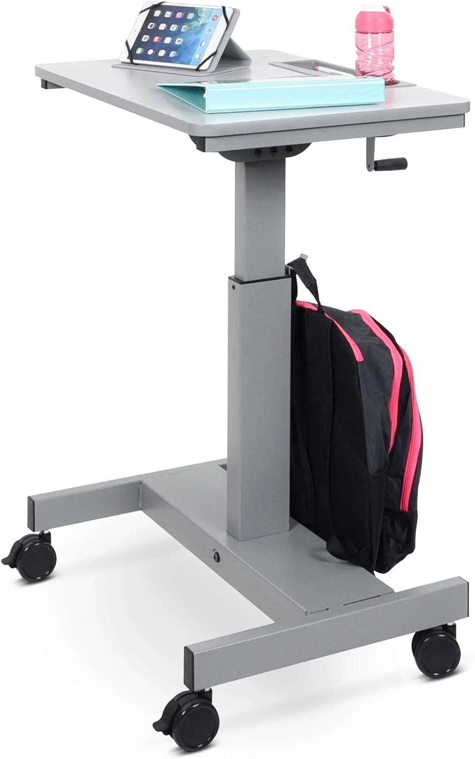 Height Adjustable Sit Stand Desk with Crank Handle and Pencil, Water Bottle Holder T480009