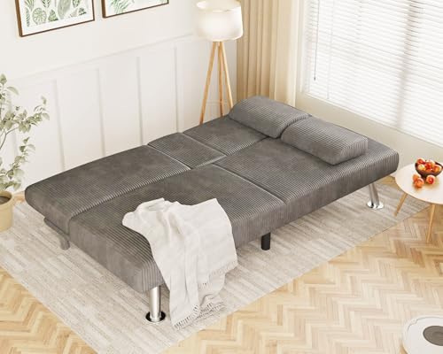 Green Corduroy Futon Sofa Bed with 2 Cup Holders A149