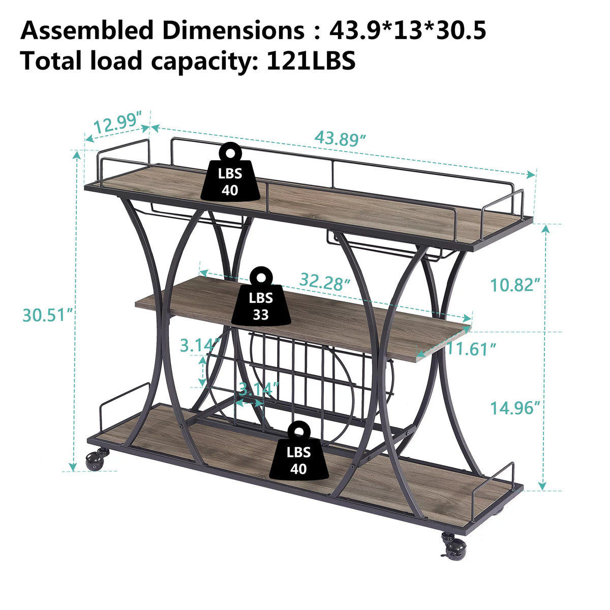 3 Tier Rolling Bar Cart with Wine Rack and Glass Holder Y515986