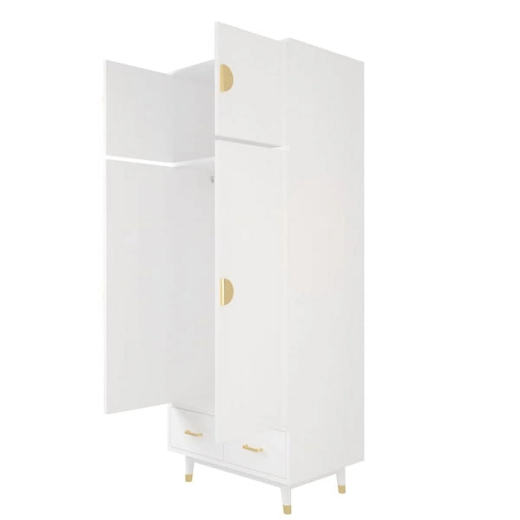 4 Door Wood Wardrobe with Clothing Rod and 2 Drawers, White H652987
