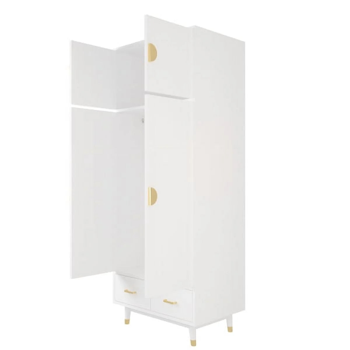 4 Door Wood Wardrobe with Clothing Rod and 2 Drawers, White H652987