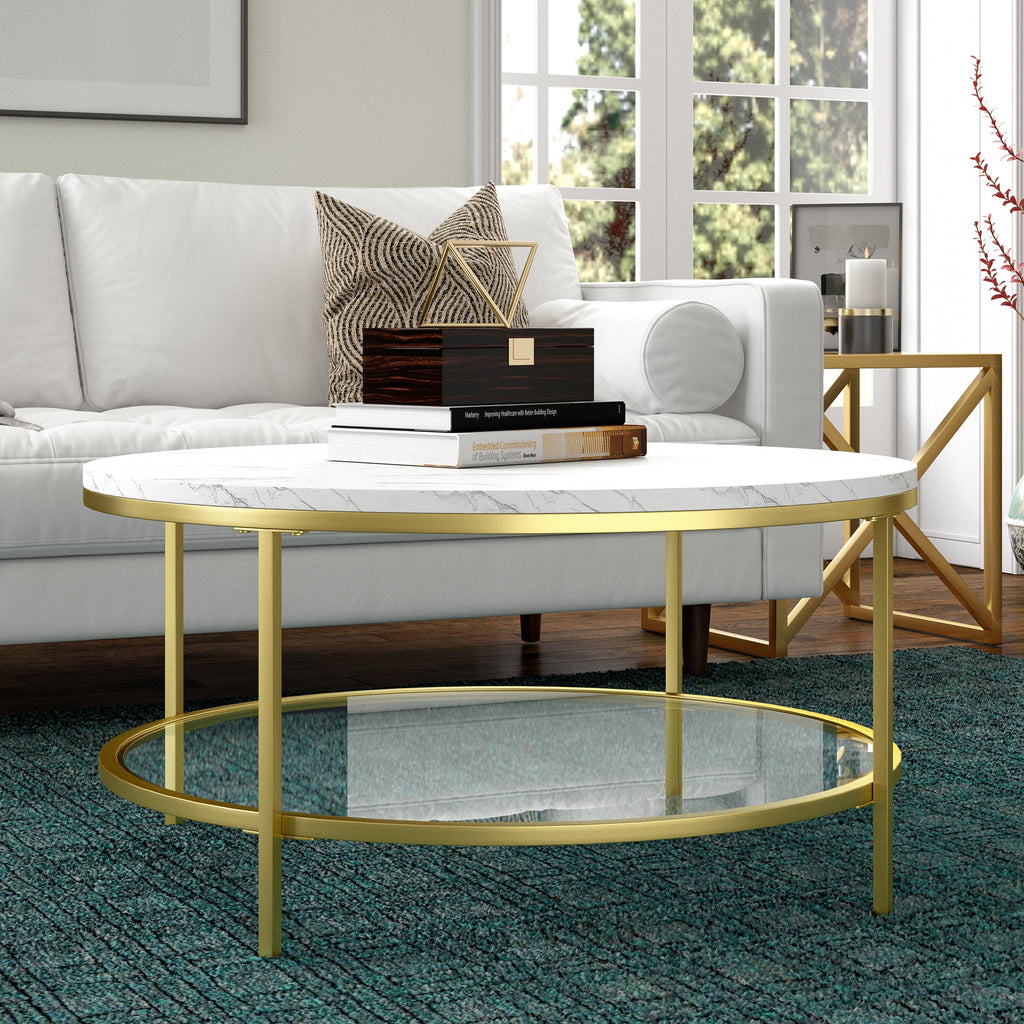 36" Wide Round Coffee Table with Faux Marble Top U651687