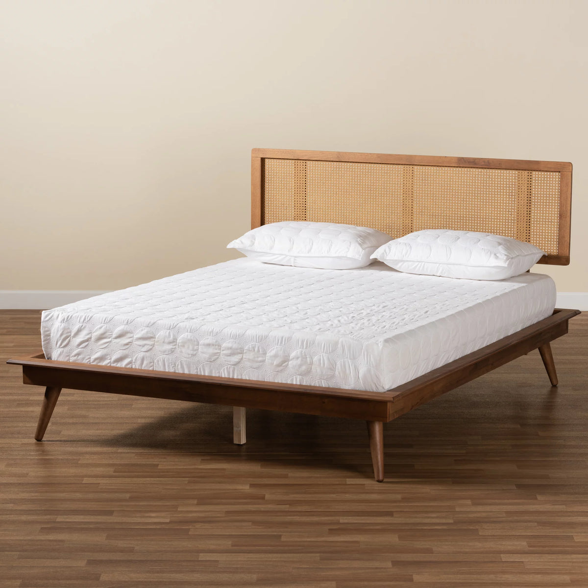 Walnut Brown Wood and Synthetic Rattan Queen Size Platform Bed N40565