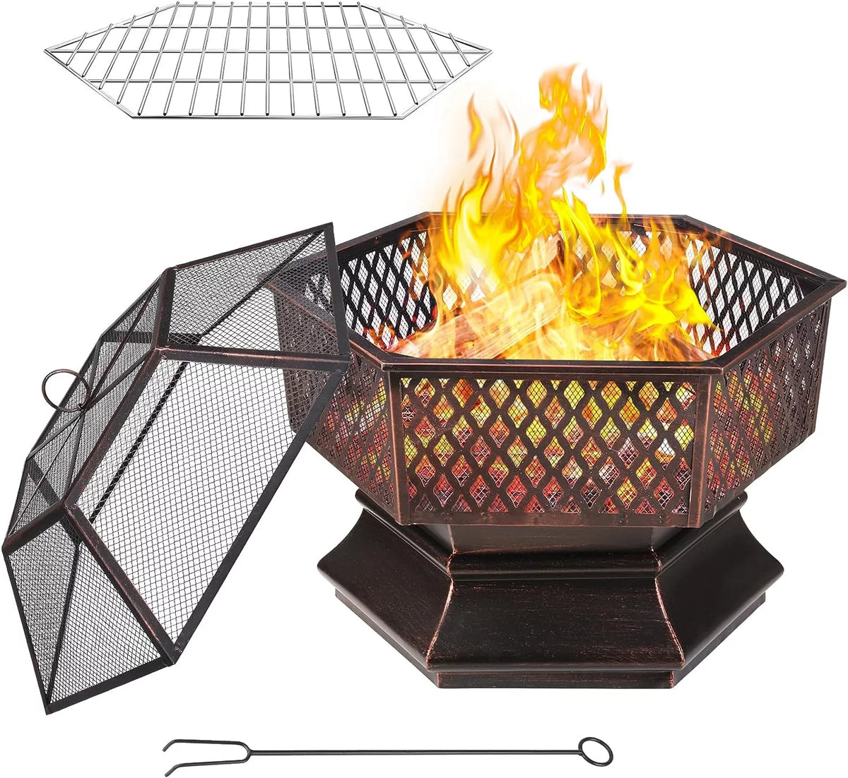 28'' Hex Shaped Steel Wood Burning Fire Pit with Spark Screen & Fire Poker L63982