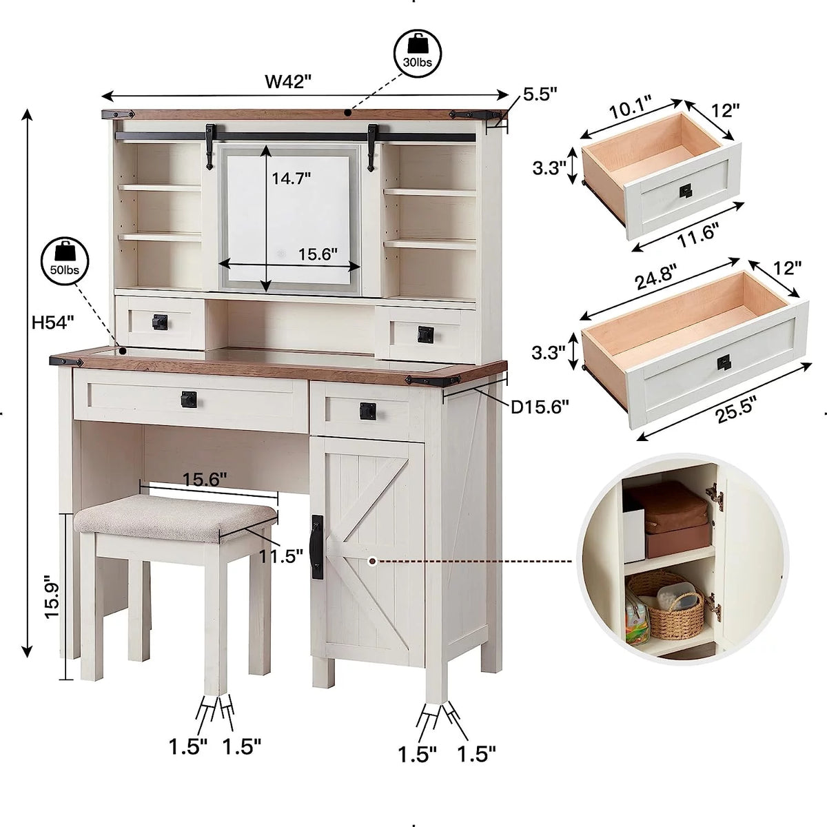 White Vanity Set with Sliding Lighted Mirror and Stool R745