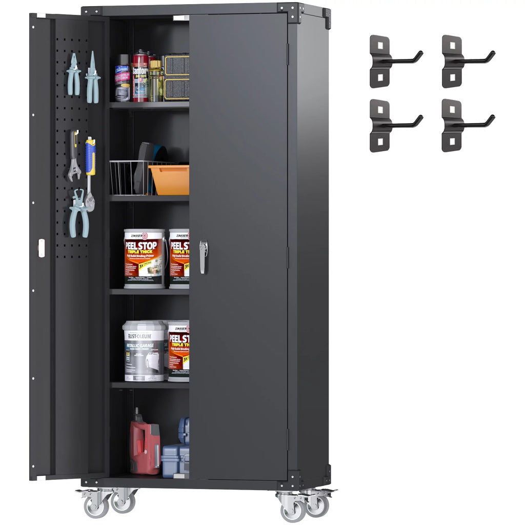 Black Metal Storage Cabinet with Wheels and Pegboard I127