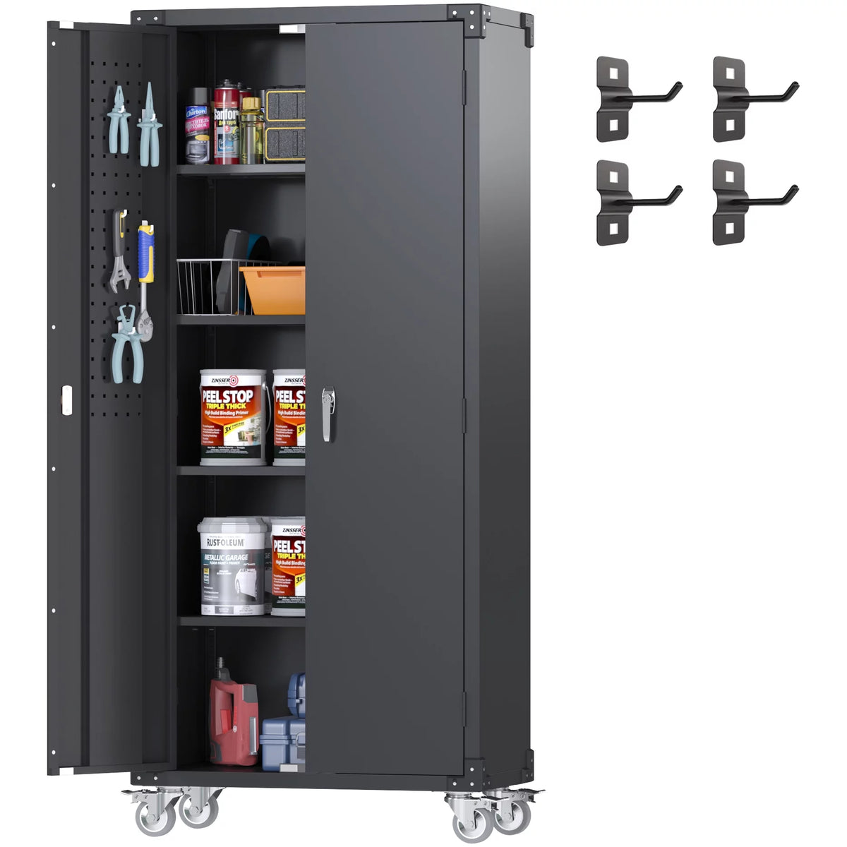 Black Metal Storage Cabinet with Wheels and Pegboard I127