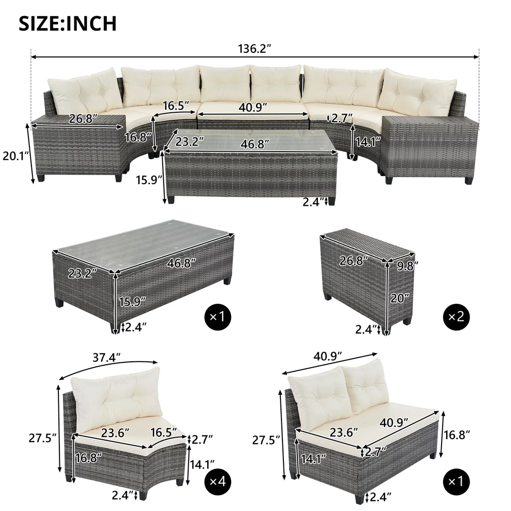 8 Pieces Beige Wicker Sofa Set with Glass Coffee Table Y387
