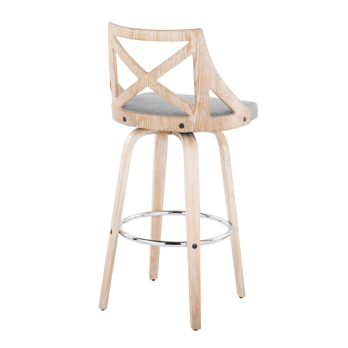 White Washed Wood Light Grey Fabric Swivel Barstool Set of 2 Q10858