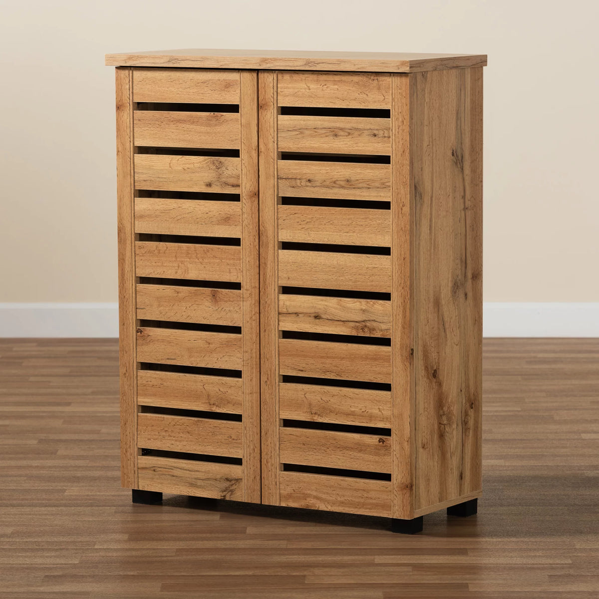 Oak Brown Finished Wood 2-Door Shoe Storage Cabinet N8205