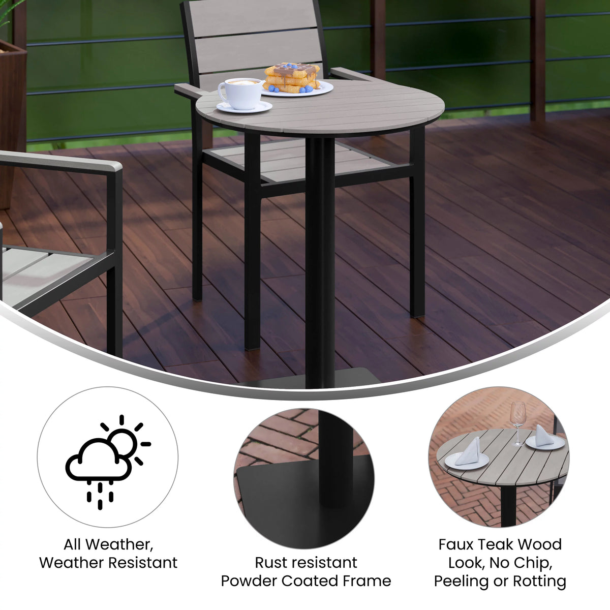 Round 24" Faux Teak Poly Slats Steel Frame Table N945