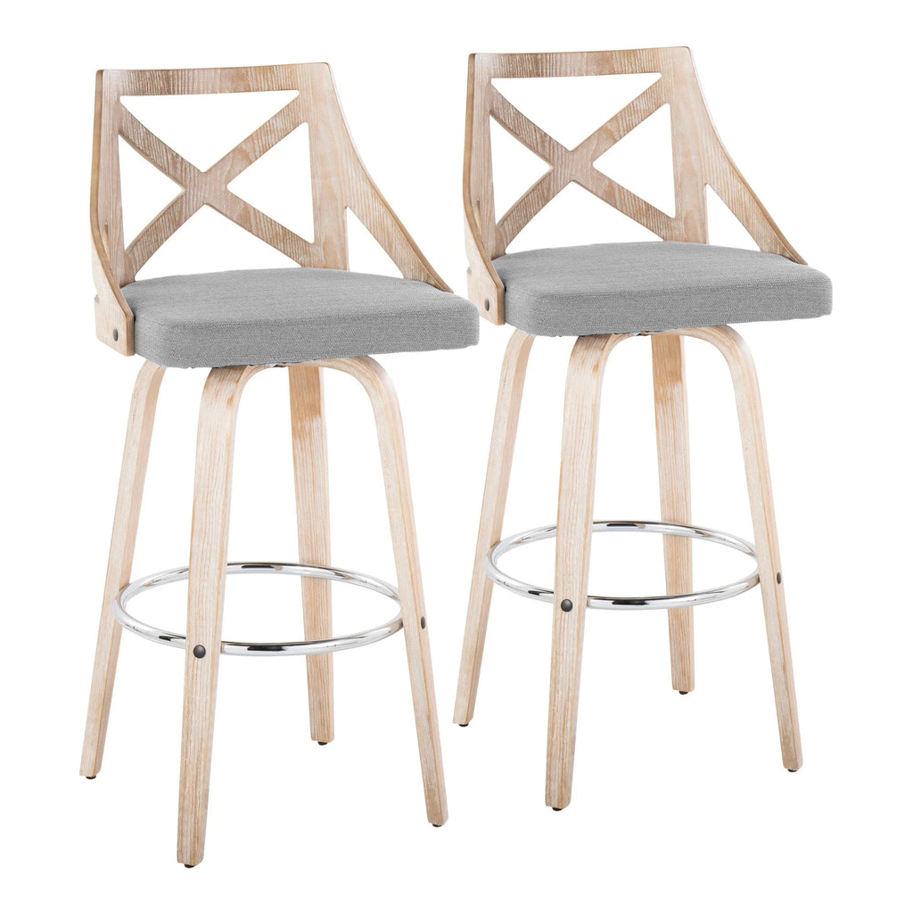 White Washed Wood Light Grey Fabric Swivel Barstool Set of 2 Q10858