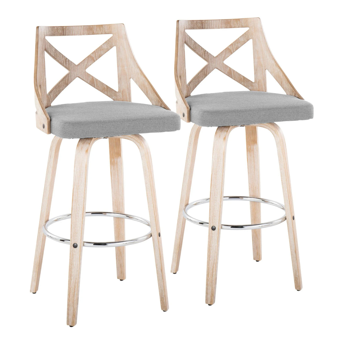 White Washed Wood Light Grey Fabric Swivel Barstool Set of 2 Q10858
