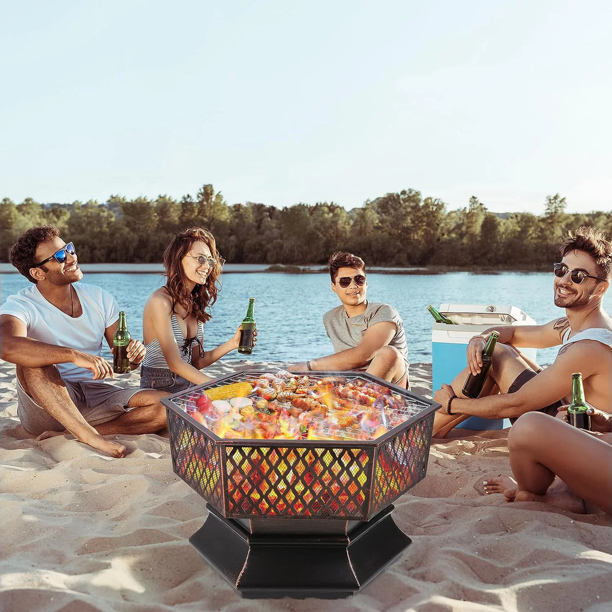 28'' Hex Shaped Steel Wood Burning Fire Pit with Spark Screen & Fire Poker L63982