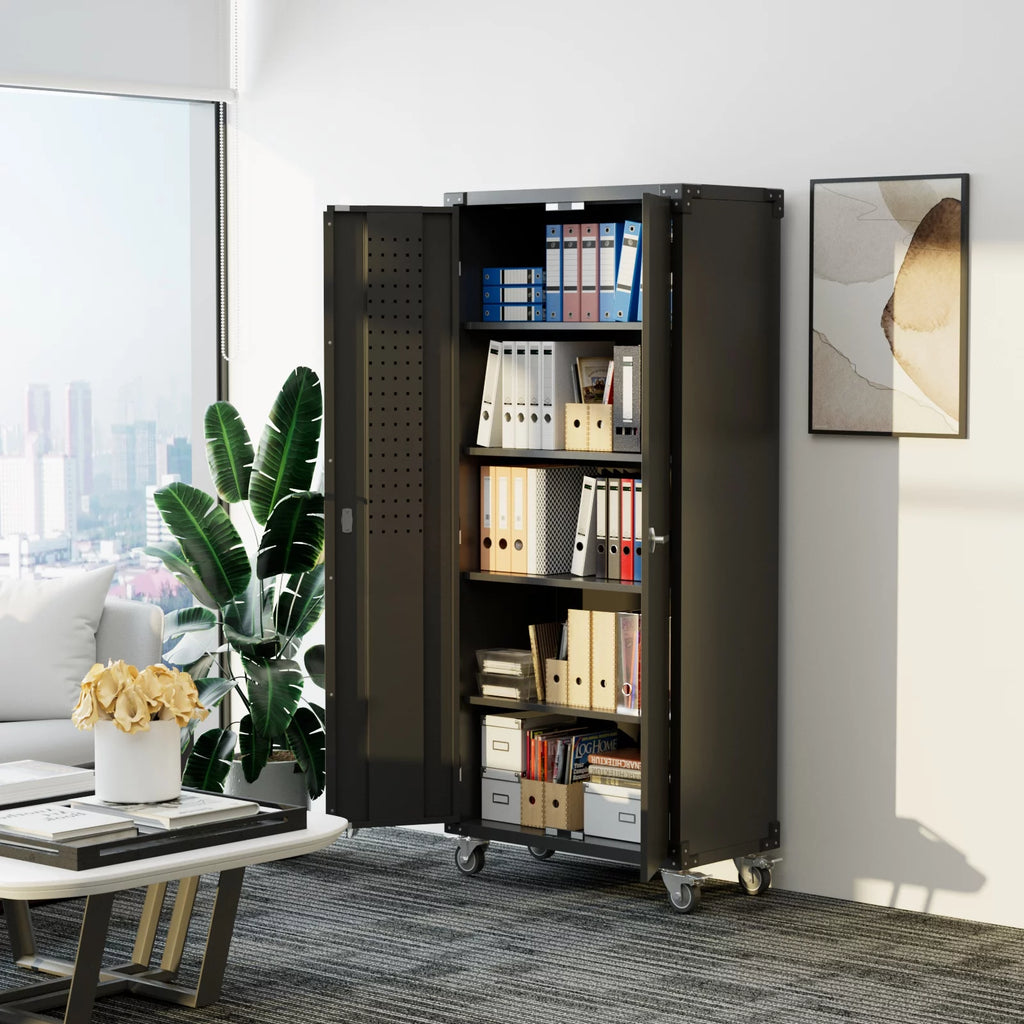 Black Metal Storage Cabinet with Wheels and Pegboard I127