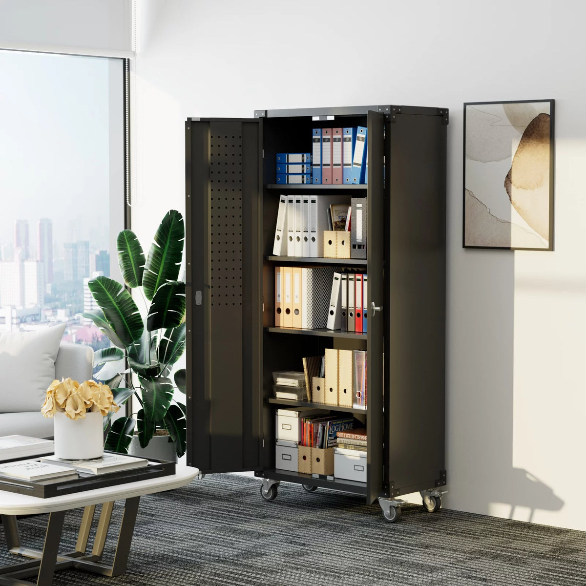 Black Metal Storage Cabinet with Wheels and Pegboard I127