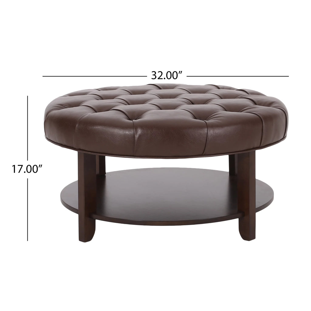 Dark Brown Espresso Faux Leather Tufted Round Ottoman with Open Shelf X3025