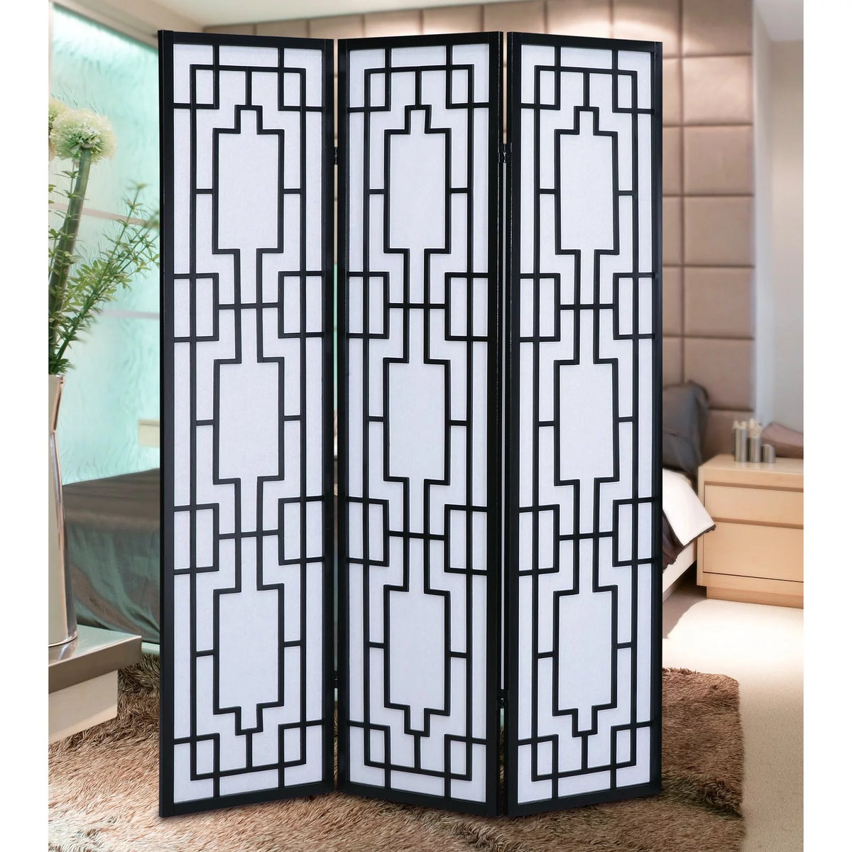Black Paper and Wood 3-Panel Room Divider Screen P25359