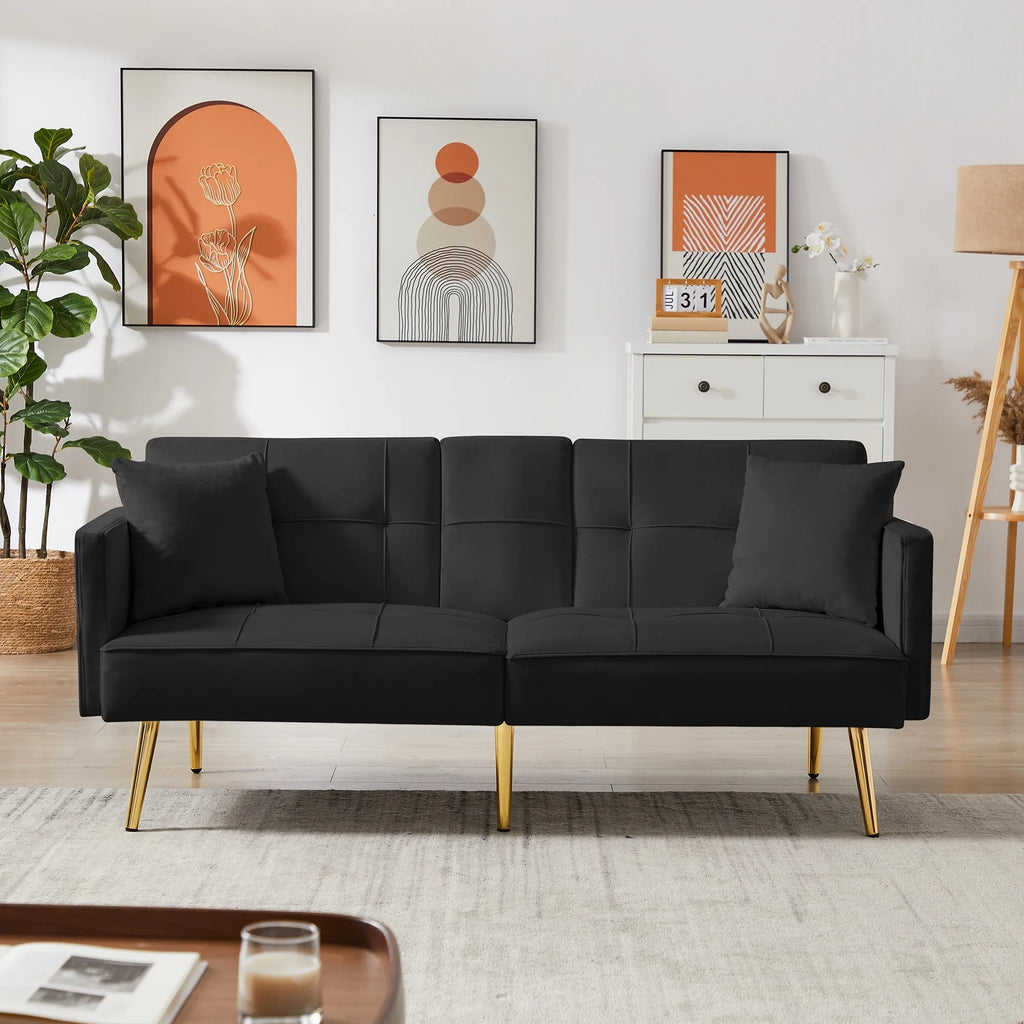 Convertible Sofa Bed with Velvet Fabric and Metal Legs Cream White P445072