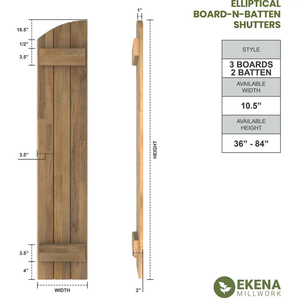 Real Wood Joined Board-n-Batten Shutters with Elliptical Top, Fire Red A483