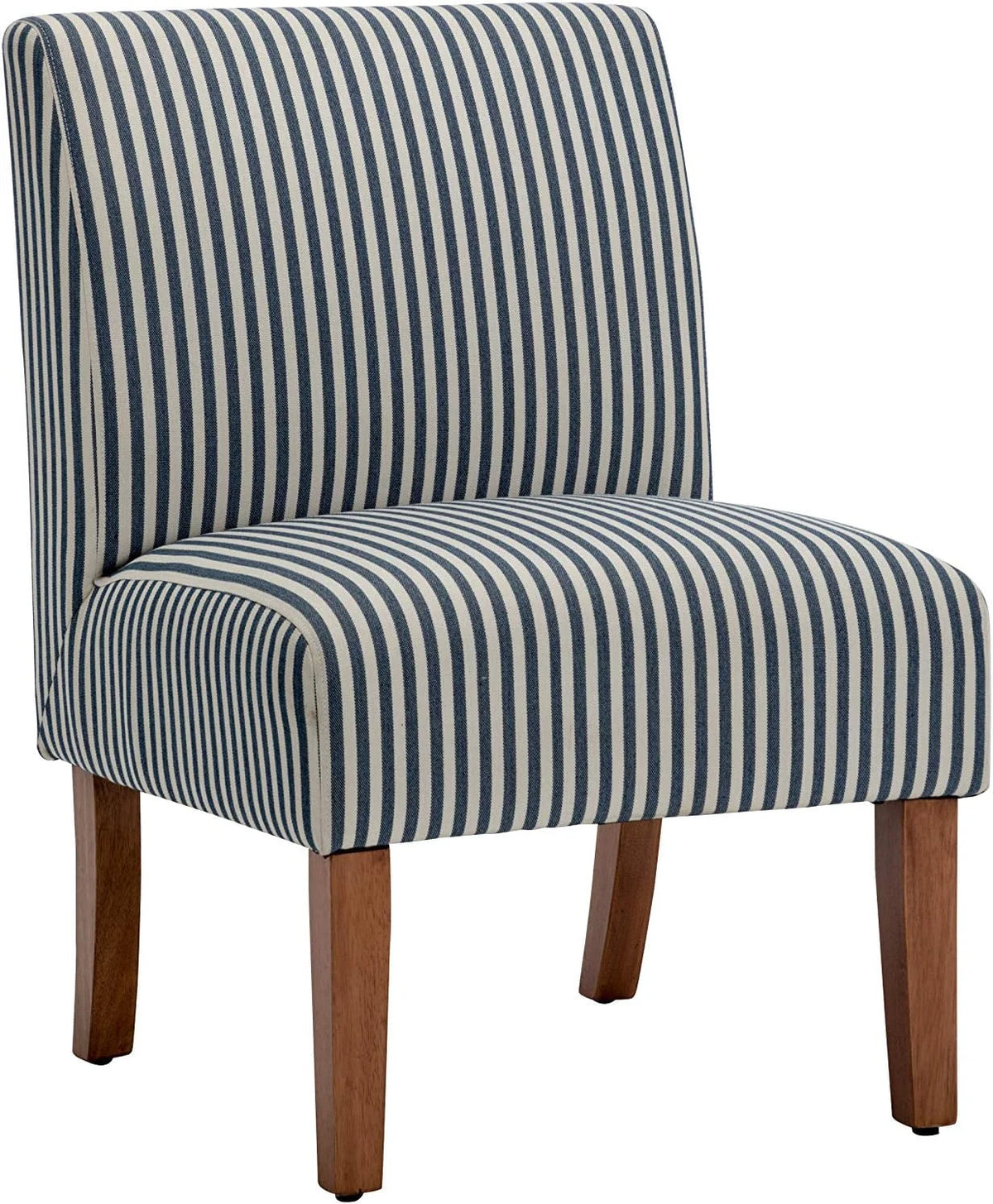 Armless Accent Chair with Wood Legs, Navy and White Stripe Fabric Q1231