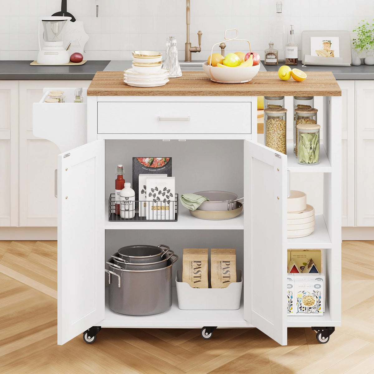 White Kitchen Island Cart with Storage Cabinet and Drawer C156