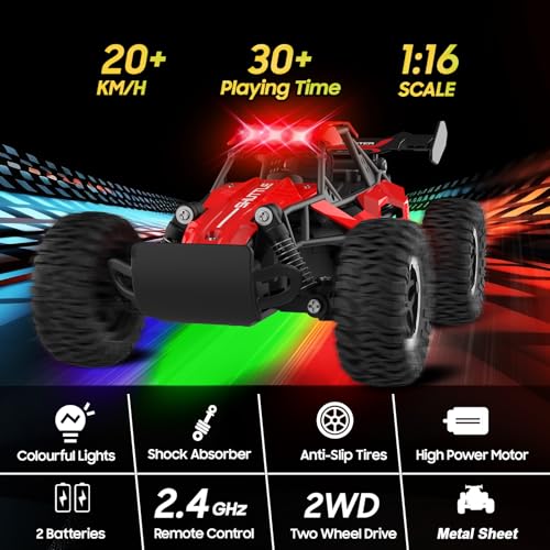 Remote Control Car with LED Lights, 2.4GHz 2WD Monster Truck, Red X451