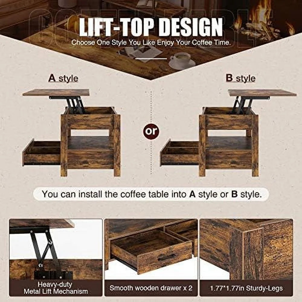 Lift Top Coffee Table with Drawers and Hidden Compartment Black C73037