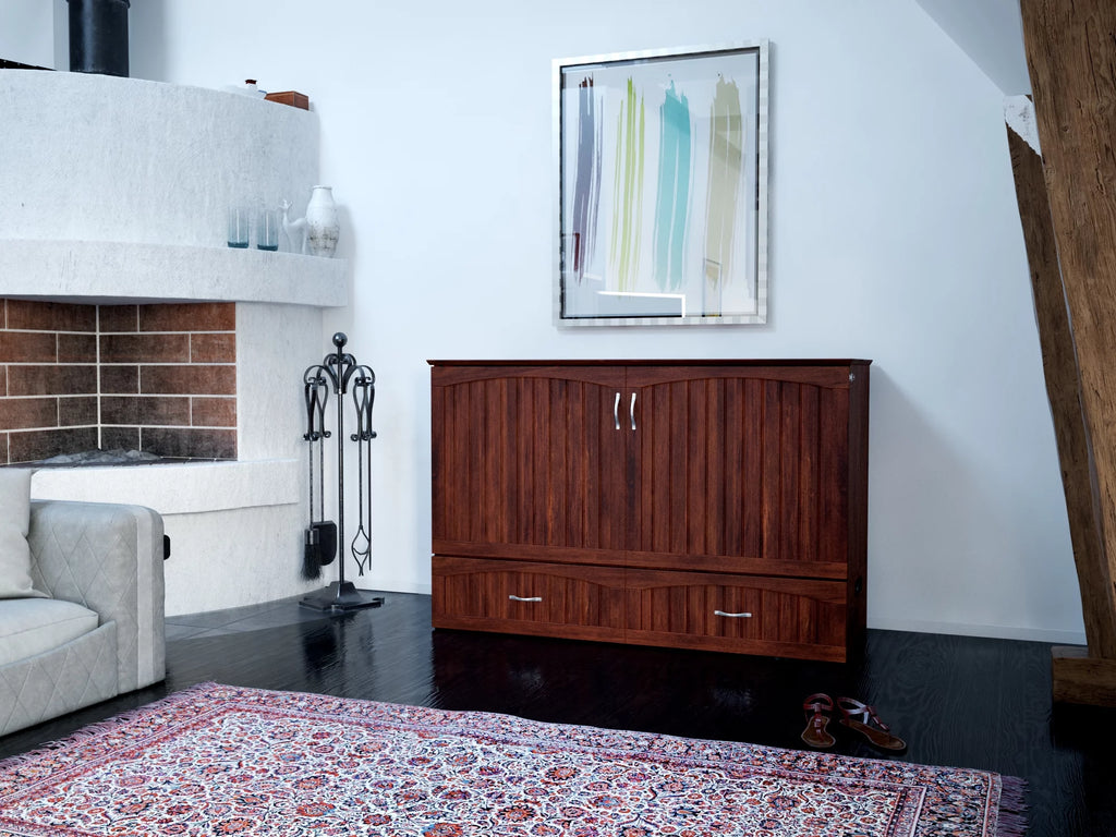 Queen Wood Murphy Bed Chest with Mattress, Drawer & Charger in Walnut S151252